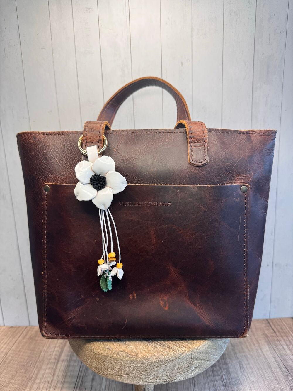 Flower Purse Charm Genuine Leather White Flower White Bag Charm NEW FAST SHIP